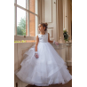 White First Holy Communion Dress with Ruffle Skirt and Pearl Detailing Style COM077