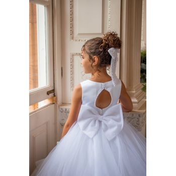 White First Holy Communion Dress with Ruffle Skirt and Pearl Detailing Style COM077