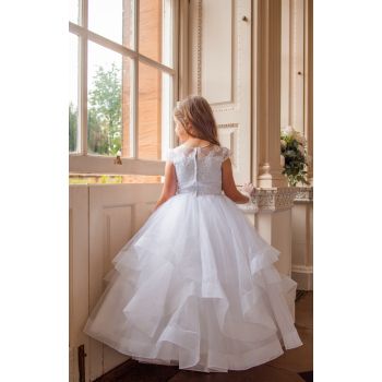 Crystal&Pearl White First Holy Communion Dress With Lace Bodice and Shimmer Ruffle Skirt