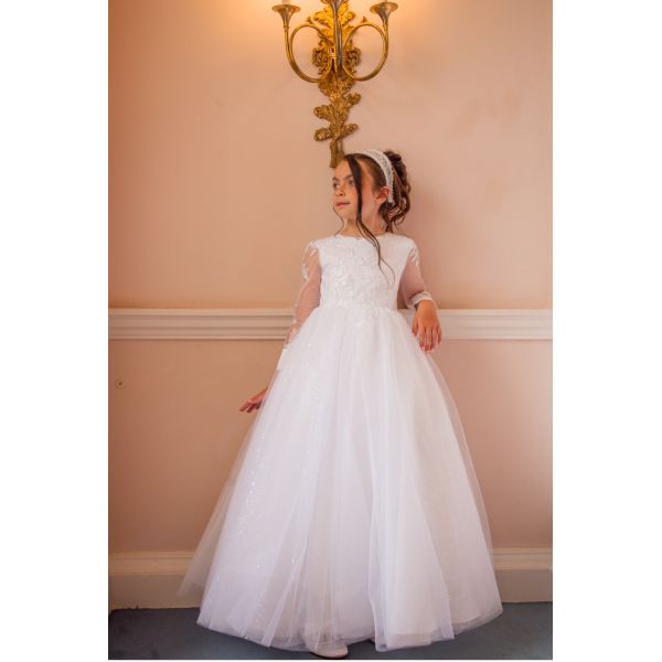 Crystal&Pearl White First Holy Communion Dress With Long Sleeves and Shimmer Skirt