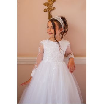 Crystal&Pearl White First Holy Communion Dress With Long Sleeves and Shimmer Skirt