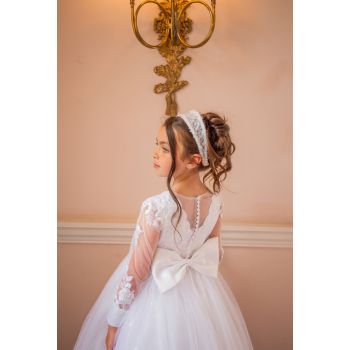 Crystal&Pearl White First Holy Communion Dress With Long Sleeves and Shimmer Skirt