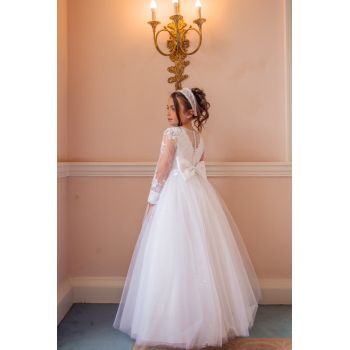 Crystal&Pearl White First Holy Communion Dress With Long Sleeves and Shimmer Skirt
