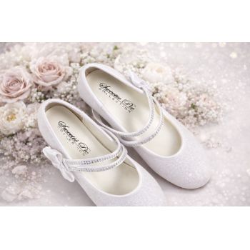 White Satin First Holy Communion Shoes with Diamonds and Bow Detail