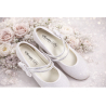 White Satin First Holy Communion Shoes with Diamonds and Bow Detail