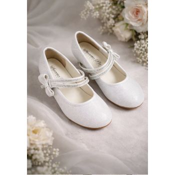 White Satin First Holy Communion Shoes with Diamonds and Bow Detail