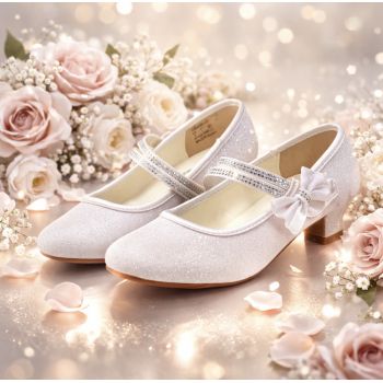 White Satin First Holy Communion Shoes with Diamonds and Bow Detail