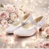 White Satin First Holy Communion Shoes with Diamonds and Bow Detail