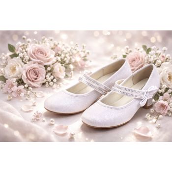 White Satin First Holy Communion Shoes with Diamonds and Bow Detail
