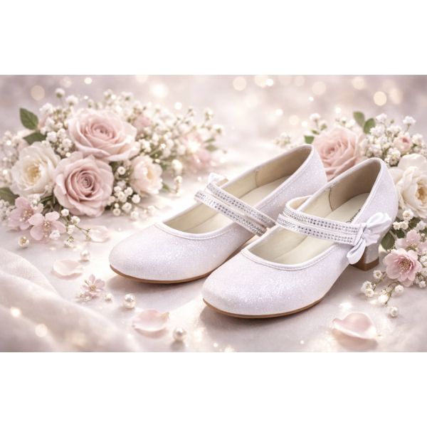 White Satin First Holy Communion Shoes with Diamonds and Bow Detail