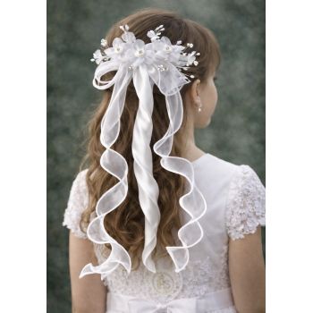 Stunning White First Holy Communion Hair Comb Adorned with Pearl, Diamonds and Soft Ribbons
