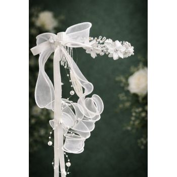 Stunning White First Holy Communion Hair Comb Adorned with Pearl, Diamonds and Soft Ribbons