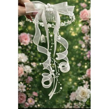 Stunning White First Holy Communion Hair Comb Adorned with Pearl, Diamonds and Soft Ribbons