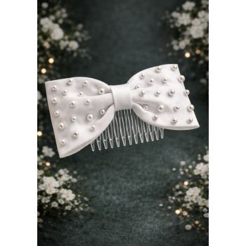 Stunning White First Holy Communion Hair Comb Adorned with Pearl, Diamonds and Soft Ribbons