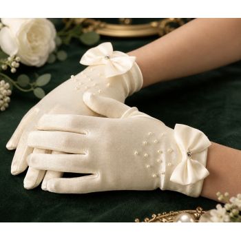 Ivory Short Satin Communion Gloves with Bow Detail