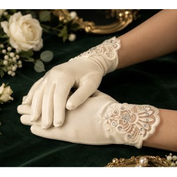 Ivory First Holy Communion Gloves with Mesh Detail and Diamonds