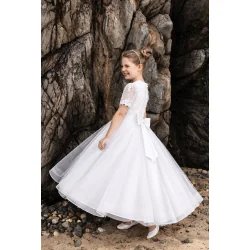 Paula's White Floral Lace&Sparkle Tule Tea Length First Holy Communion Dress with Lace and Glitter Skirt Style PJ-104