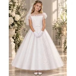 Paula's White Tea Length First Holy Communion Dress with Floral Pattern