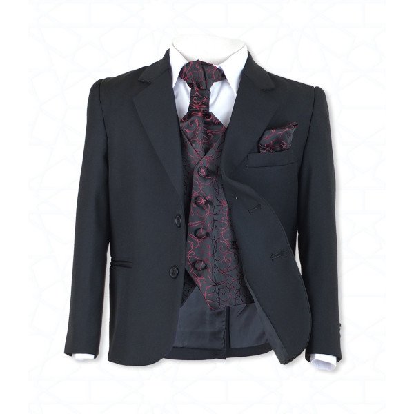 Boys Black 5Pc Communion/Page Boy Suit with Burgundy Hankerchief, Cravat & Waistcoat Style 514 Boys Black 5Pc Communion/Page Boy Suit with Burgundy Hankerchief, Cravat & Waistcoat Style 514