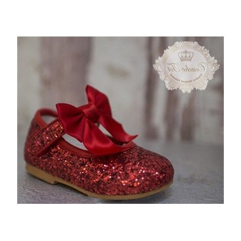 Red Glitter Leather Special Occasion Shoes style Mary Jane Bow